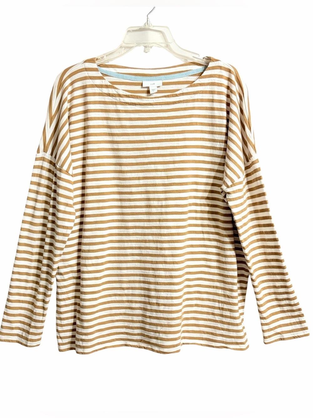 J. Jill Stripe Boatneck Euro Summer T Shirt Womens L Tan Cream Nautical Classic